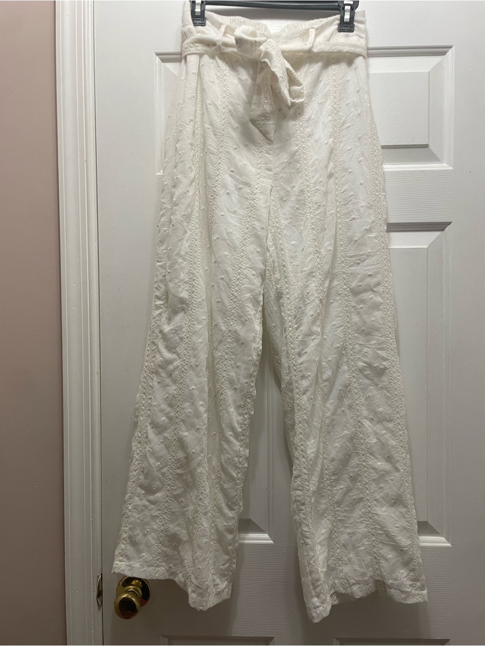 Alice blue Wide-Leg Eyelet Tie-Waist embroidered Pants - White/ cream
